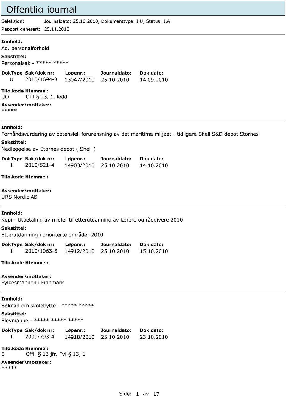 2010 nnhold: Forhåndsvurdering av potensiell forurensning av det maritime miljøet - tidligere Shell S&D depot Stornes Nedleggelse av Stornes depot ( Shell ) 2010/521-4 14903/2010 14.10.2010 URS Nordic AB nnhold: Kopi - Utbetaling av midler til etterutdanning av lærere og rådgivere 2010 Etterutdanning i prioriterte områder 2010 2010/1063-3 14912/2010 15.