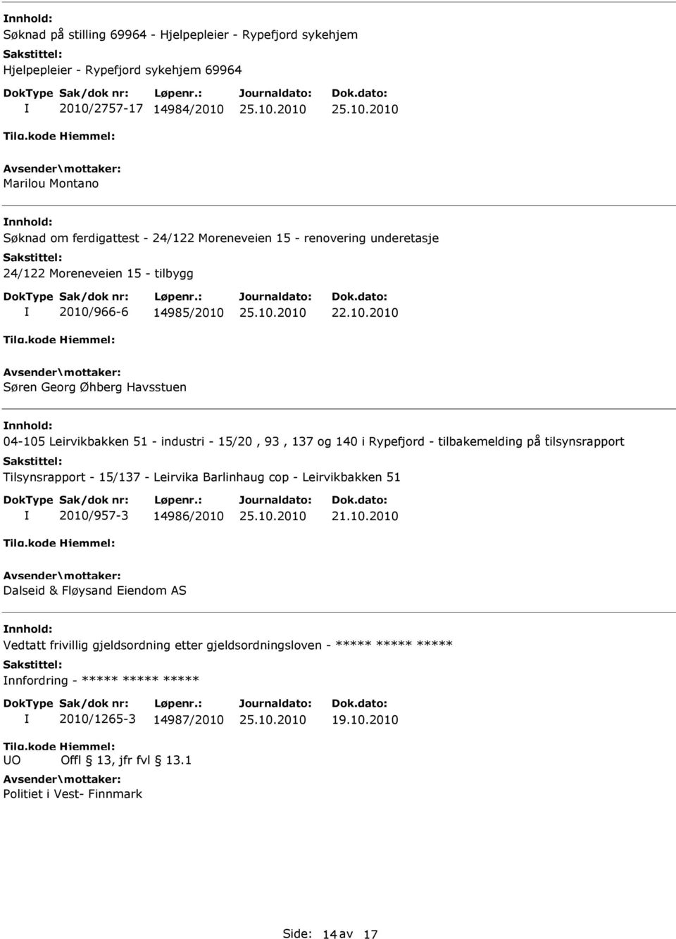 i Rypefjord - tilbakemelding på tilsynsrapport Tilsynsrapport - 15/137 - Leirvika Barlinhaug cop - Leirvikbakken 51 2010/957-3 14986/2010 Dalseid & Fløysand Eiendom AS nnhold: Vedtatt