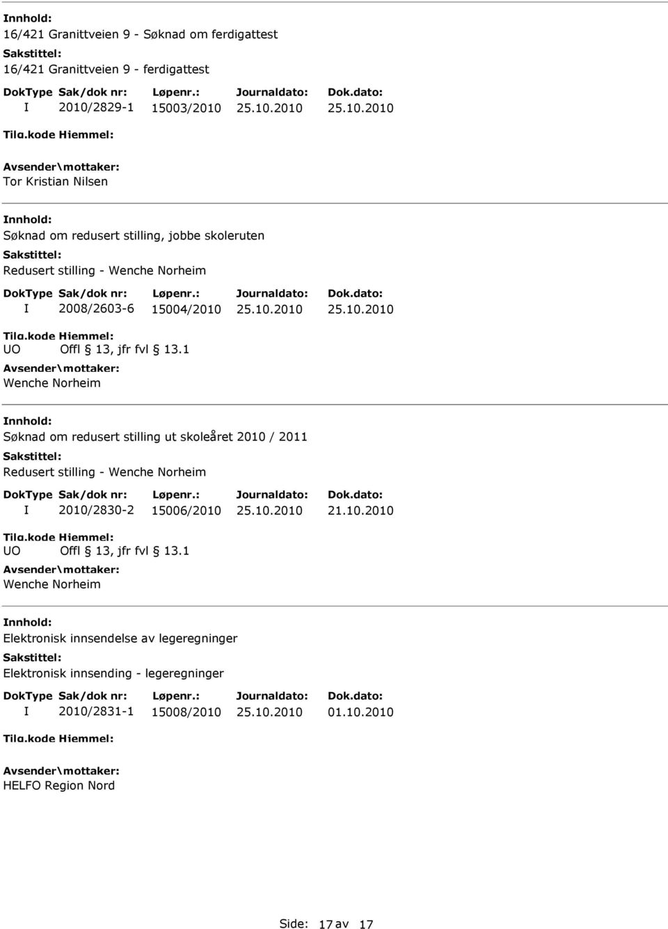 1 Wenche Norheim nnhold: Søknad om redusert stilling ut skoleåret 2010 / 2011 Redusert stilling - Wenche Norheim UO 2010/2830-2 15006/2010 Offl 13,