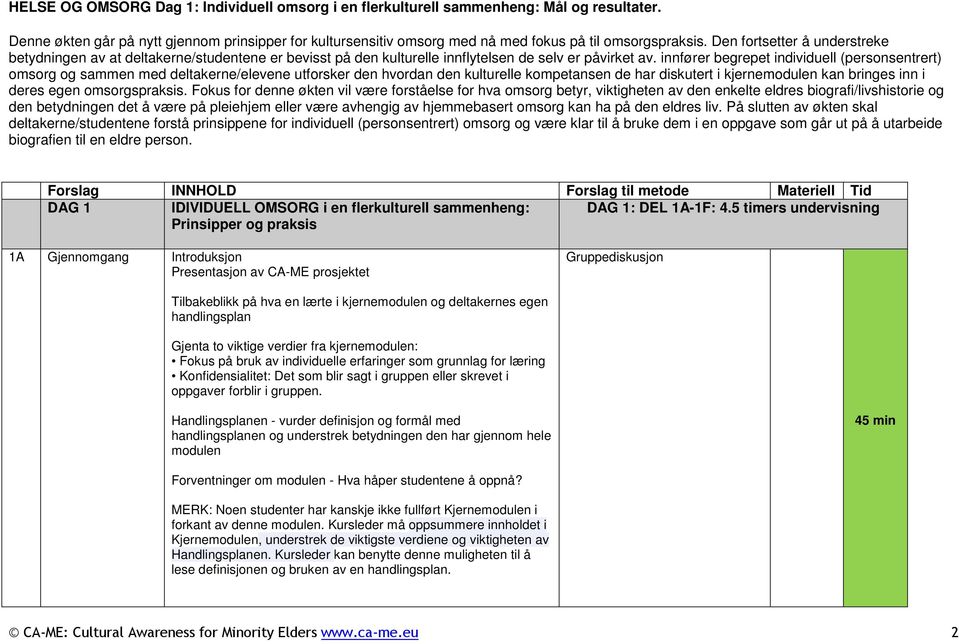 innfører begrepet individuell (personsentrert) omsorg og sammen med deltakerne/elevene utforsker den hvordan den kulturelle kompetansen de har diskutert i kjernemodulen kan bringes inn i deres egen