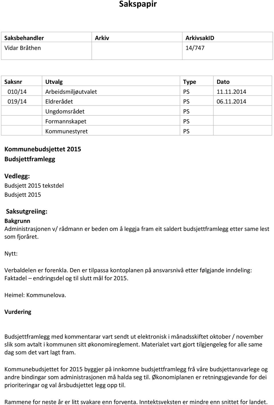 Administrasjonen v/ rådmann er beden om å leggja fram eit saldert budsjettframlegg etter same lest som fjoråret. Nytt: Verbaldelen er forenkla.