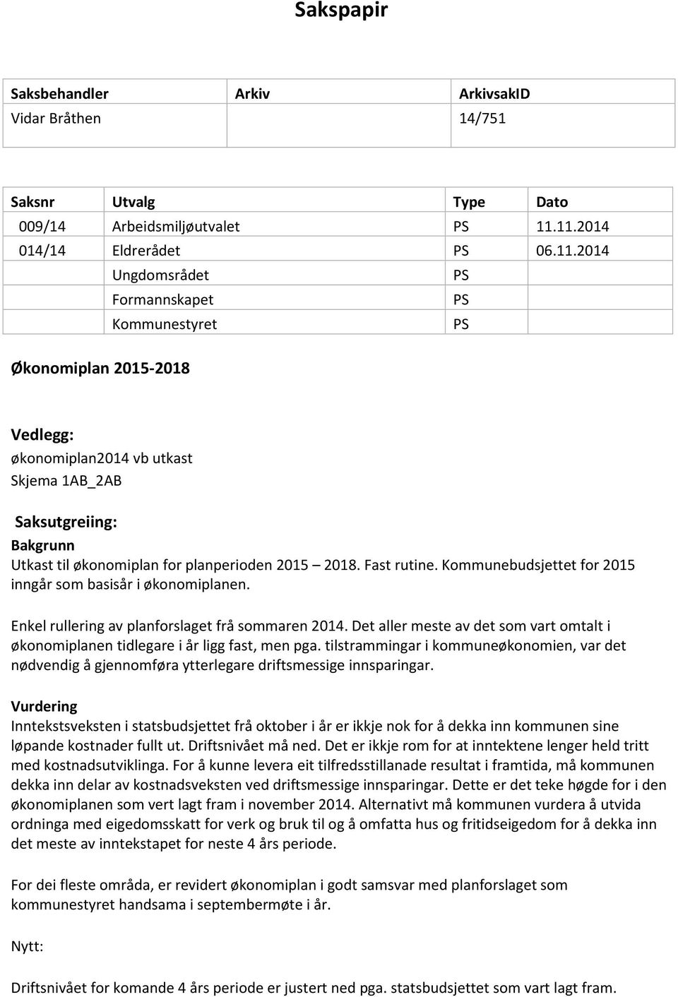 Fast rutine. Kommunebudsjettet for 2015 inngår som basisår i økonomiplanen. Enkel rullering av planforslaget frå sommaren 2014.