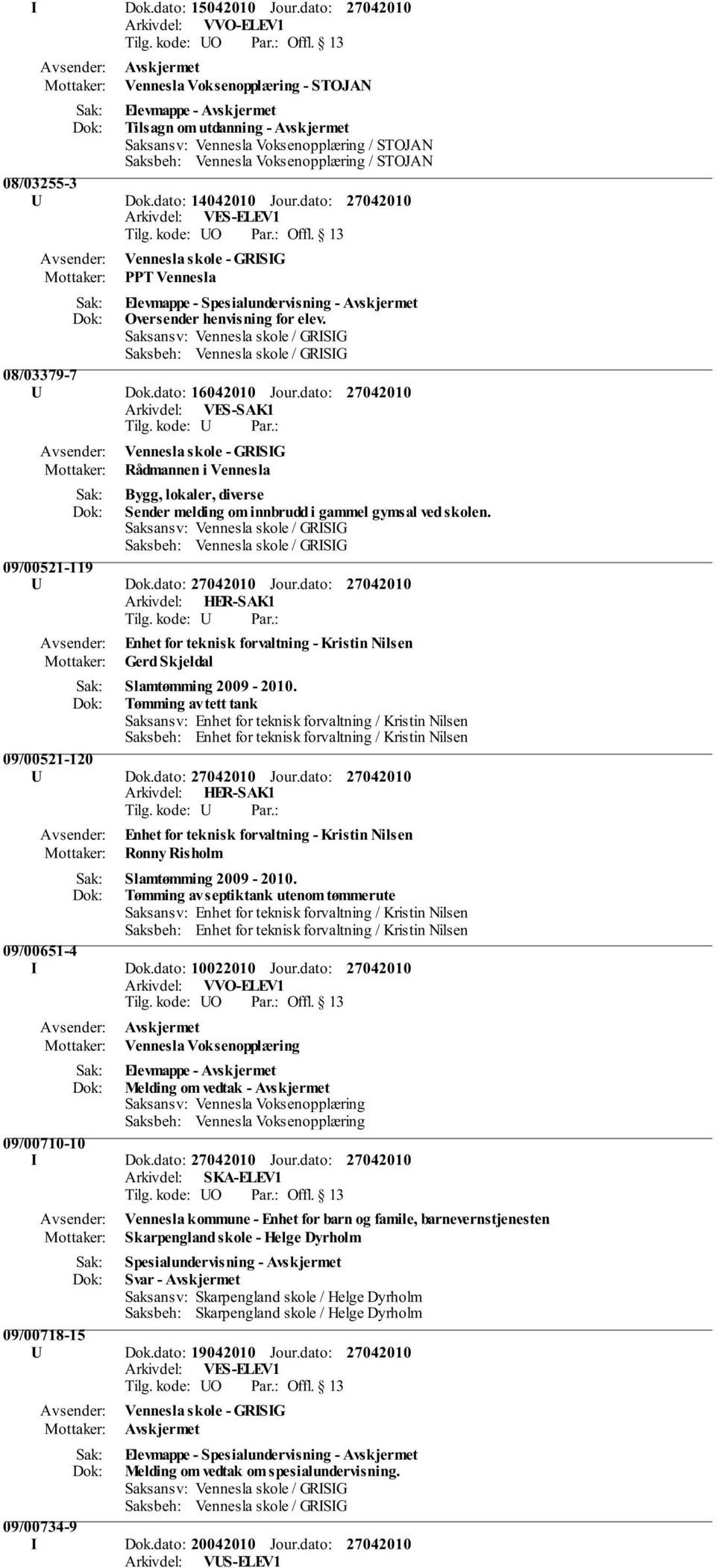 Voksenopplæring / STOJAN 08/03255-3 U Dok.dato: 14042010 Jour.dato: Vennesla skole - GRISIG PPT Vennesla Elevmappe - Spesialundervisning - Avskjermet Oversender henvisning for elev. 08/03379-7 U Dok.