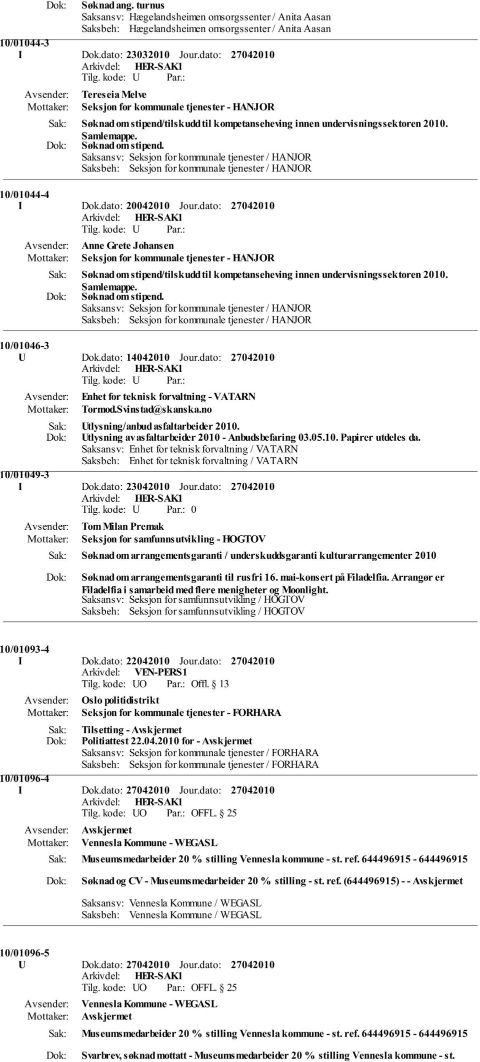 dato: 20042010 Jour.dato: Anne Grete Johansen Seksjon for kommunale tjenester - HANJOR Søknad om stipend/