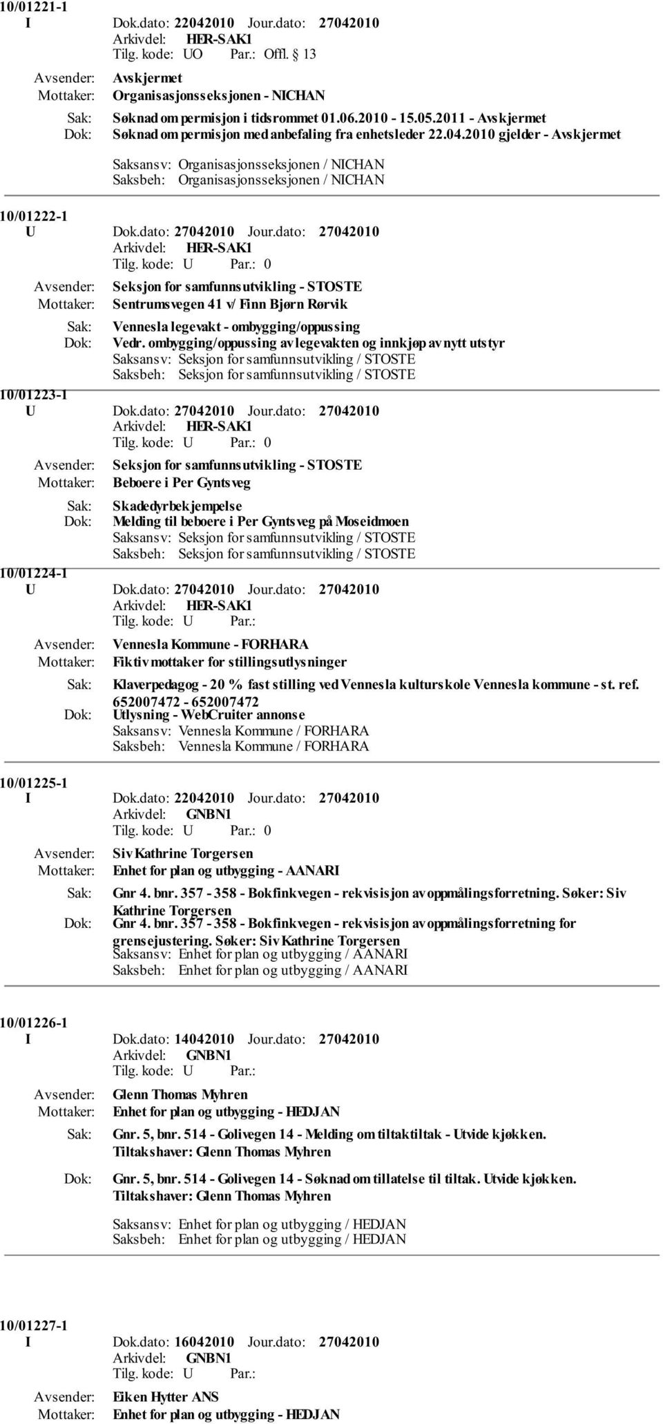 2010 gjelder - Avskjermet Saksansv: Organisasjonsseksjonen / NICHAN Saksbeh: Organisasjonsseksjonen / NICHAN 10/01222-1 U Dok.dato: Jour.