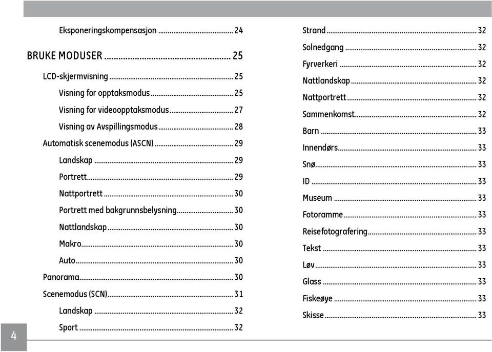 .. 30 Nattlandskap... 30 Makro... 30 Auto... 30 Panorama... 30 Scenemodus (SCN)... 31 Landskap... 32 Sport... 32 Strand... 32 Solnedgang... 32 Fyrverkeri.