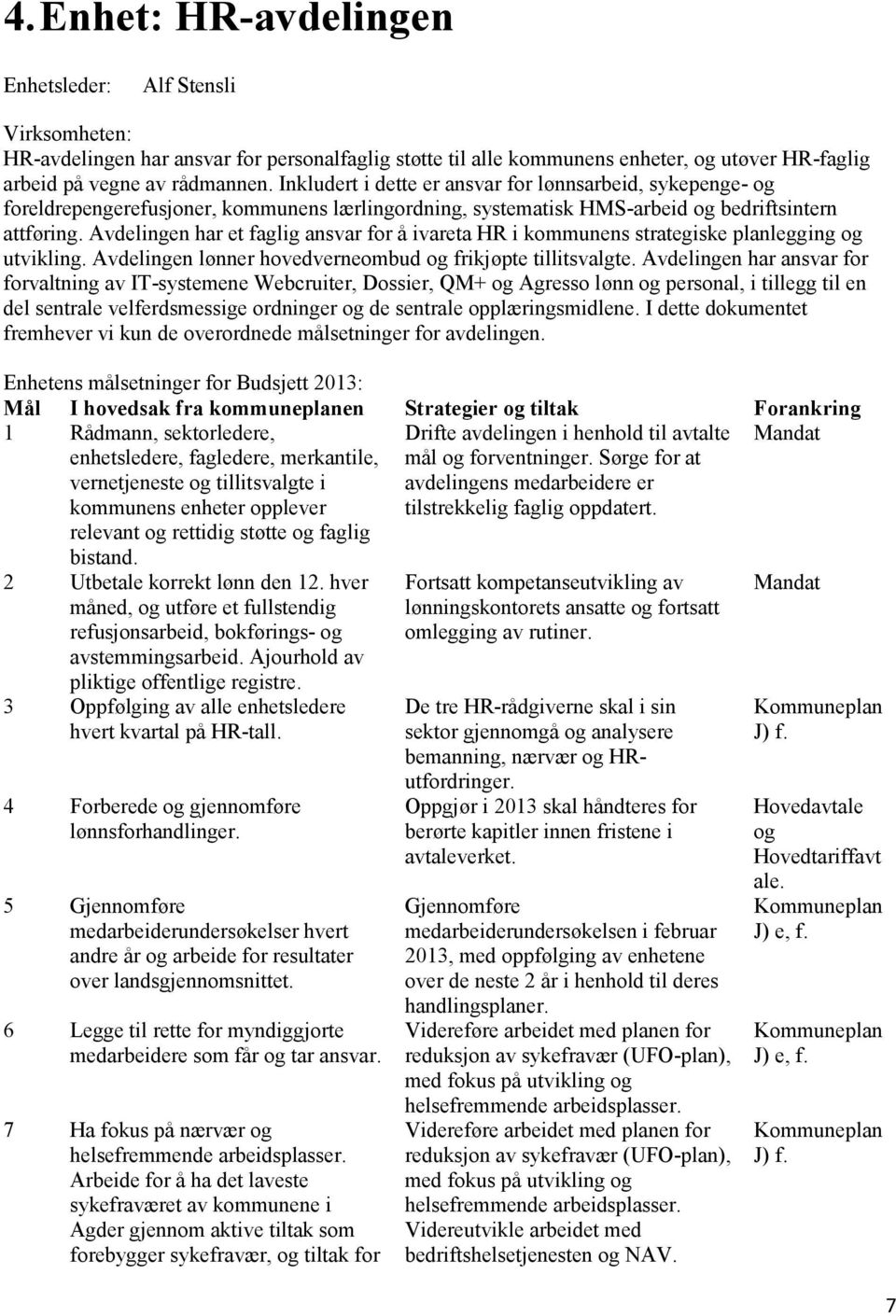 Avdelingen har et faglig ansvar for å ivareta HR i kommunens strategiske planlegging og utvikling. Avdelingen lønner hovedverneombud og frikjøpte tillitsvalgte.