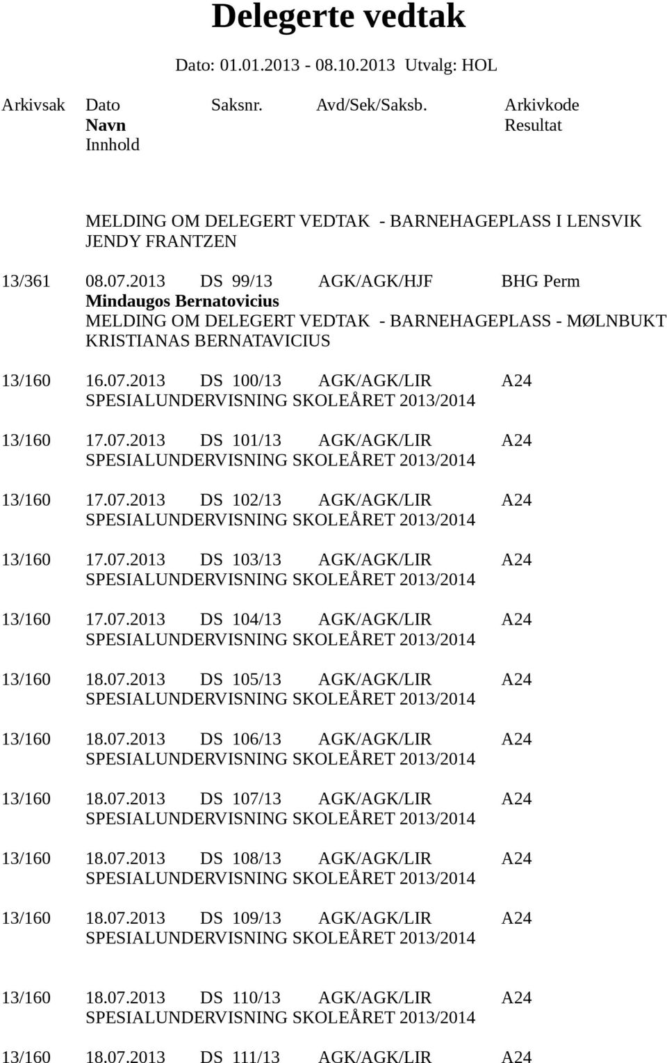 2013 DS 100/13 AGK/AGK/LIR A24 13/160 17.07.2013 DS 101/13 AGK/AGK/LIR A24 13/160 17.07.2013 DS 102/13 AGK/AGK/LIR A24 13/160 17.07.2013 DS 103/13 AGK/AGK/LIR A24 13/160 17.