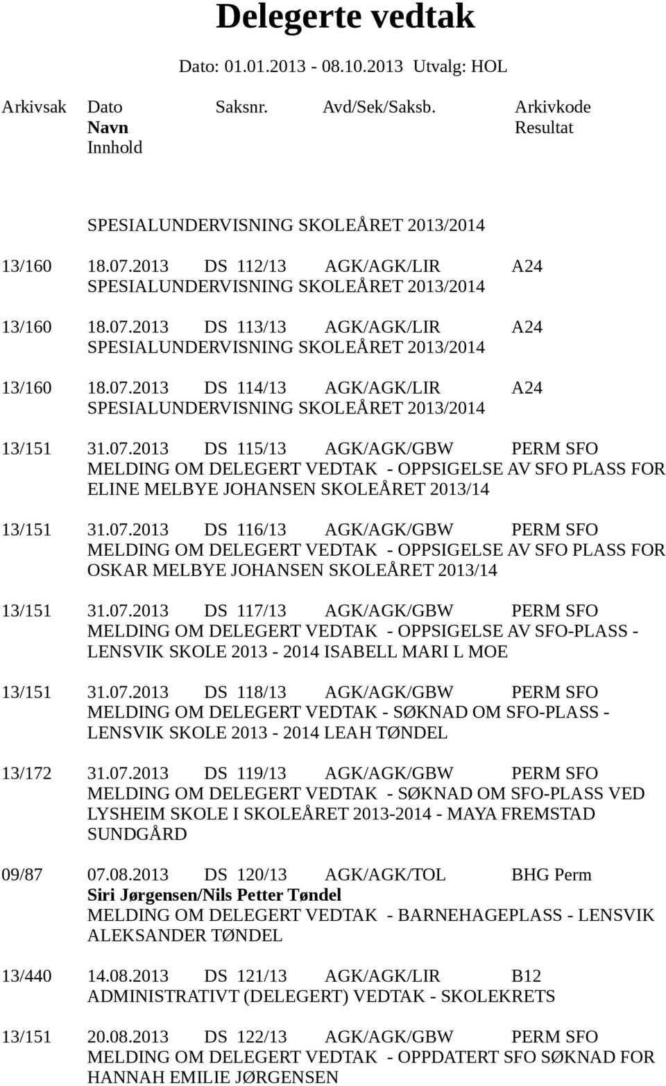 07.2013 DS 118/13 AGK/AGK/GBW PERM SFO LENSVIK SKOLE 2013-2014 LEAH TØNDEL 13/172 31.07.2013 DS 119/13 AGK/AGK/GBW PERM SFO MELDING OM DELEGERT VEDTAK - SØKNAD OM SFO-PLASS VED LYSHEIM SKOLE I SKOLEÅRET 2013-2014 - MAYA FREMSTAD SUNDGÅRD 09/87 07.