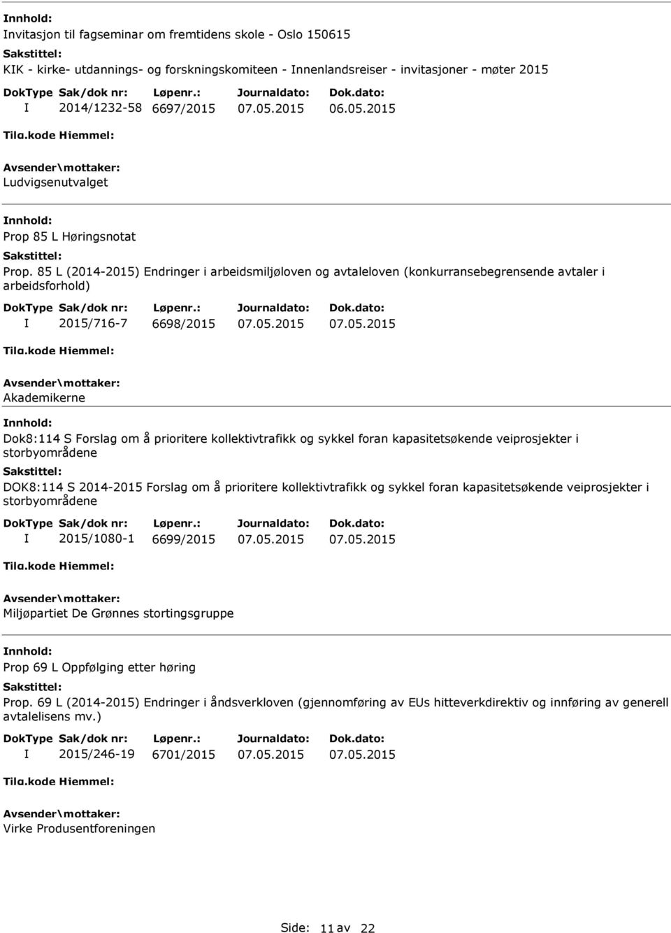 85 L (2014-2015) Endringer i arbeidsmiljøloven og avtaleloven (konkurransebegrensende avtaler i arbeidsforhold) 2015/716-7 6698/2015 Akademikerne Dok8:114 S Forslag om å prioritere kollektivtrafikk