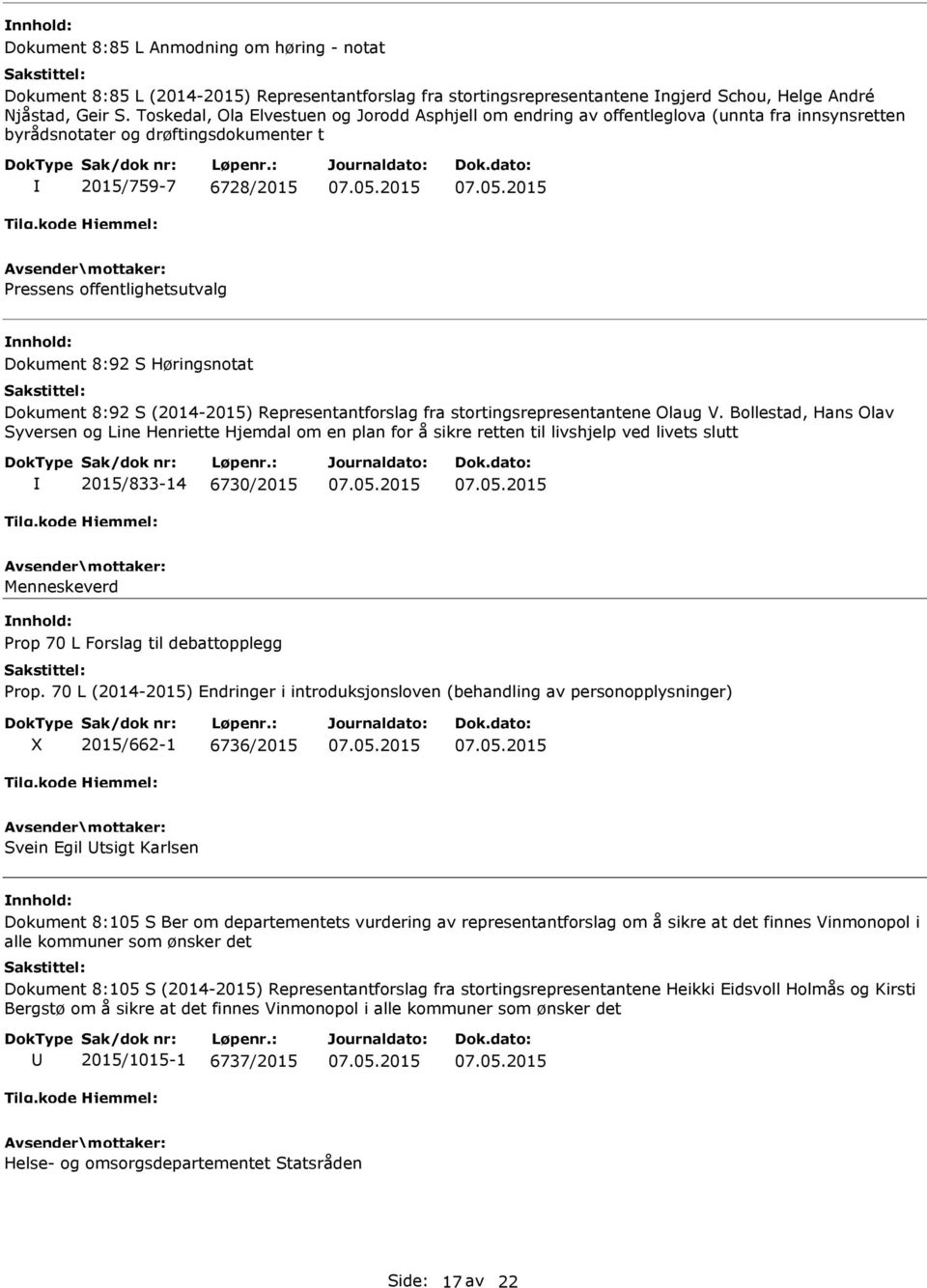 S Høringsnotat Dokument 8:92 S (2014-2015) Representantforslag fra stortingsrepresentantene Olaug V.