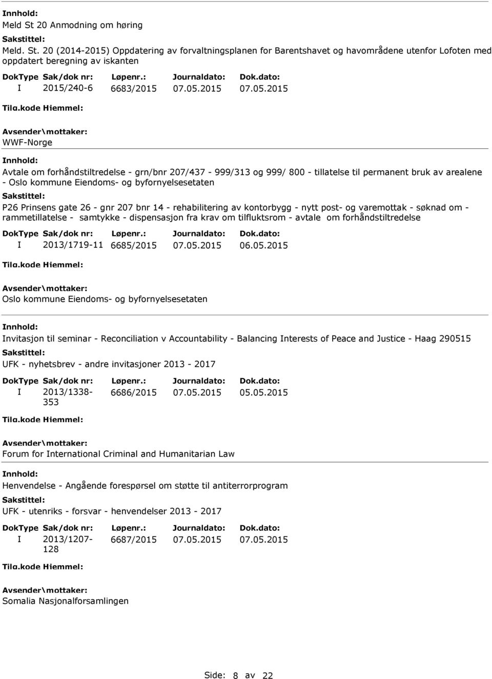 20 (2014-2015) Oppdatering av forvaltningsplanen for Barentshavet og havområdene utenfor Lofoten med oppdatert beregning av iskanten 2015/240-6 6683/2015 WWF-Norge Avtale om forhåndstiltredelse -