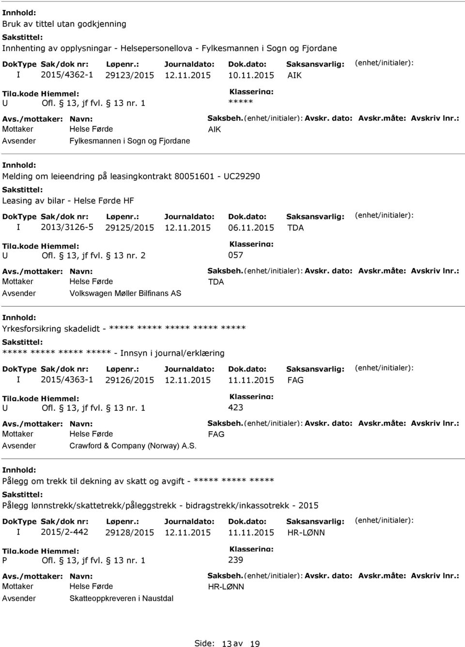 2 057 TDA Volkswagen Møller Bilfinans AS nnhold: Yrkesforsikring skadelidt - ***** ***** ***** ***** ***** ***** ***** ***** ***** - nnsyn i journal/erklæring 2015/4363-1 29126/2015 Crawford &