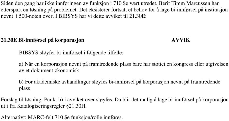 30E Bi-innførsel på korporasjon AVVIK BIBSYS sløyfer bi-innførsel i følgende tilfelle: a) Når en korporasjon nevnt på framtredende plass bare har støttet en kongress eller utgivelsen av et