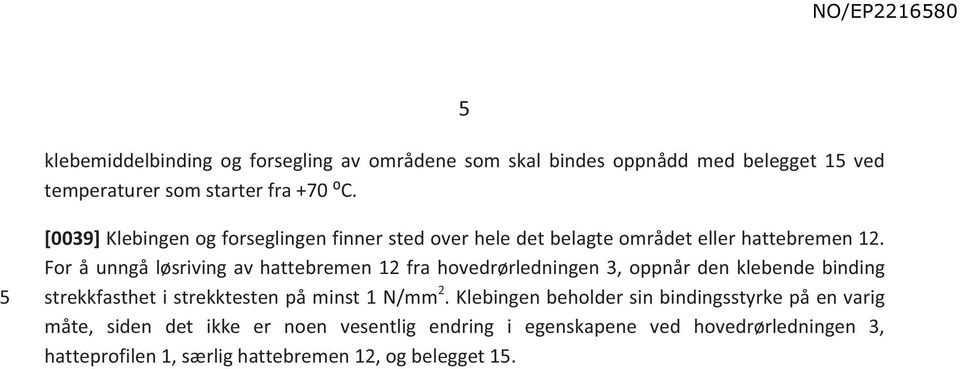 For å unngå løsriving av hattebremen 12 fra hovedrørledningen 3, oppnår den klebende binding strekkfasthet i strekktesten på minst 1 N/mm