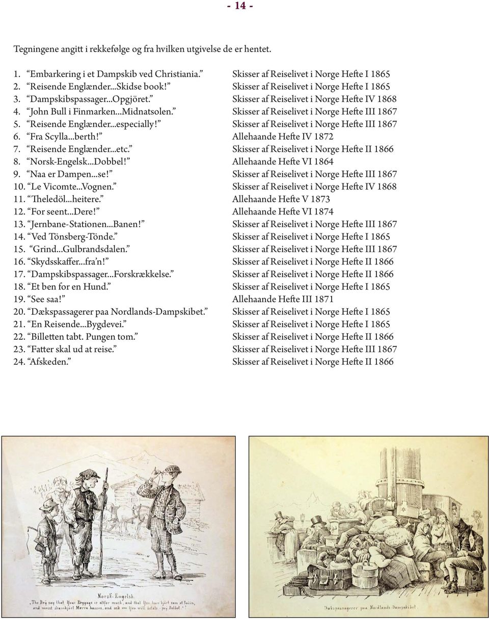 Skisser af Reiselivet i Norge Hefte III 1867 5. Reisende Englænder...especially! Skisser af Reiselivet i Norge Hefte III 1867 6. Fra Scylla...berth! Allehaande Hefte IV 1872 7. Reisende Englænder...etc.