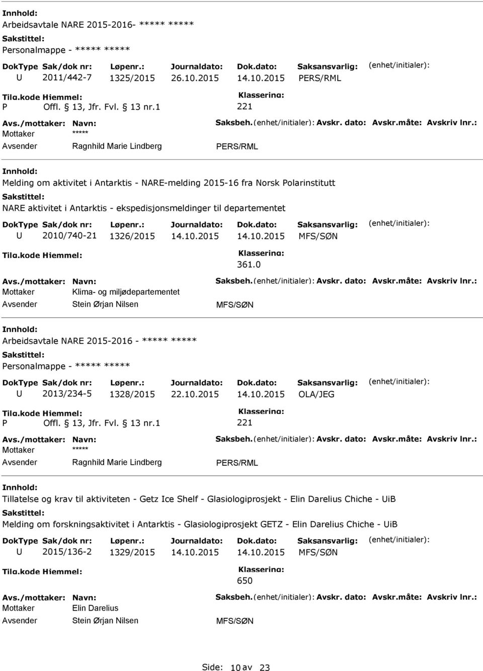 0 Mottaker Klima- og miljødepartementet Stein Ørjan Nilsen MFS/SØN Arbeidsavtale NARE 2015-2016 - ***** ***** ersonalmappe - ***** ***** 2013/234-5 1328/2015 22.10.