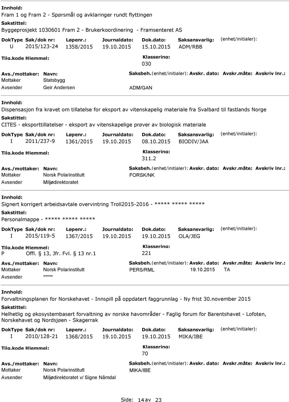 2015 ADM/RBB 030 Mottaker Statsbygg Geir Andersen ADM/GAN Dispensasjon fra kravet om tillatelse for eksport av vitenskapelig materiale fra Svalbard til fastlands Norge CTES - eksporttillatelser -