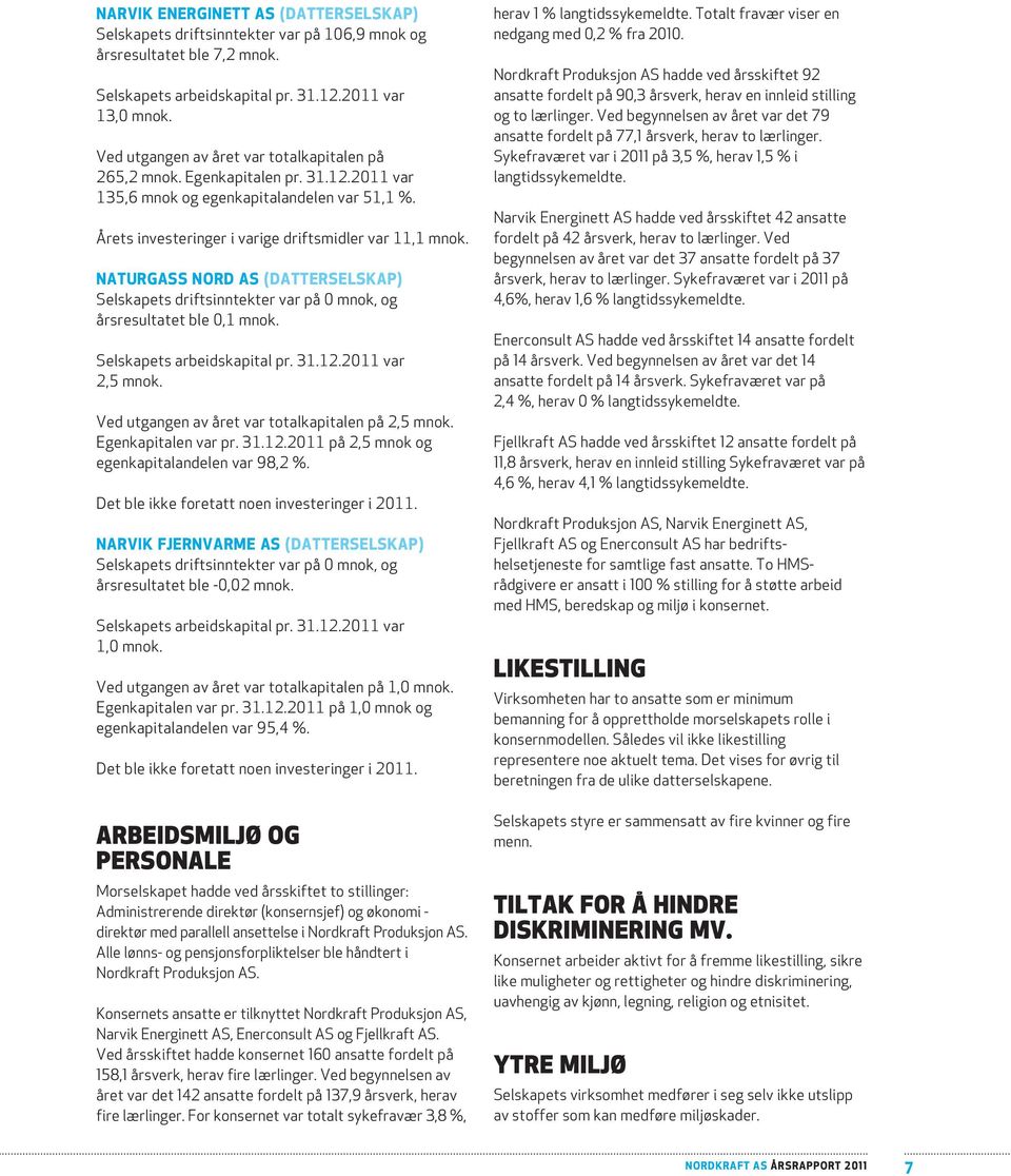 NatUrgass NorD as (DatterseLskap) Selskapets driftsinntekter var på 0 mnok, og årsresultatet ble 0,1 mnok. Selskapets arbeidskapital pr. 31.12.2011 var 2,5 mnok.