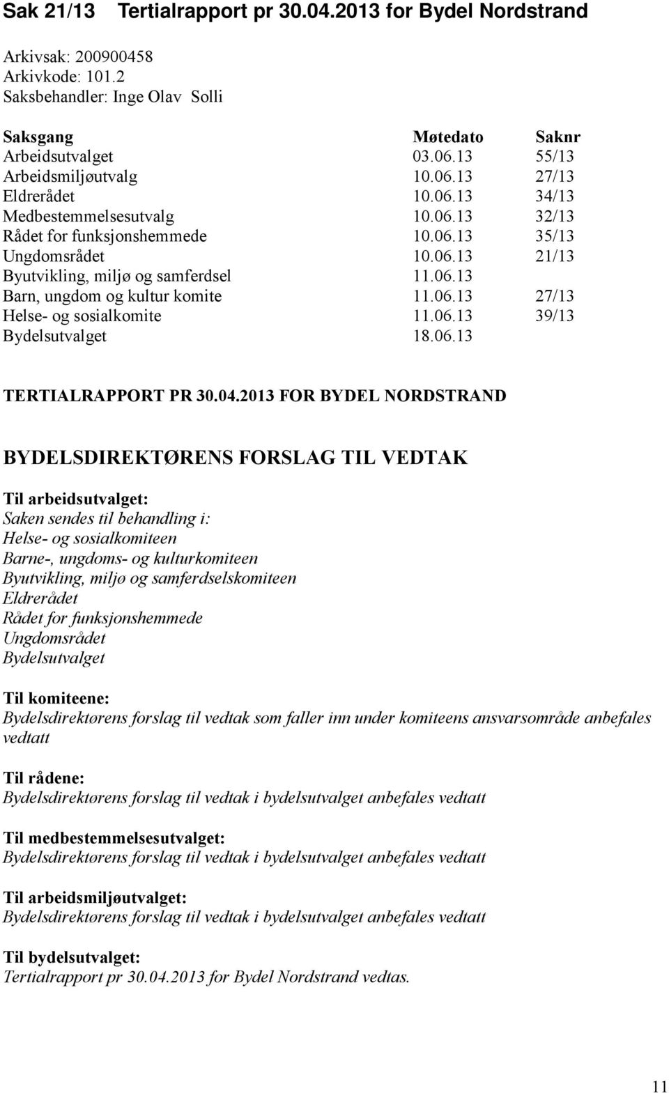 06.13 Barn, ungdom og kultur komite 11.06.13 27/13 Helse- og sosialkomite 11.06.13 39/13 Bydelsutvalget 18.06.13 TERTIALRAPPORT PR 30.04.