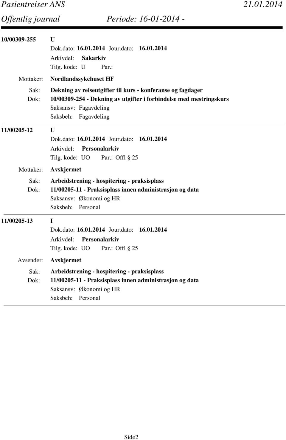 : Offl 25 Avskjermet Arbeidstrening - hospitering - praksisplass 11/00205-11 - Praksisplass innen administrasjon og data 11/00205-13 I