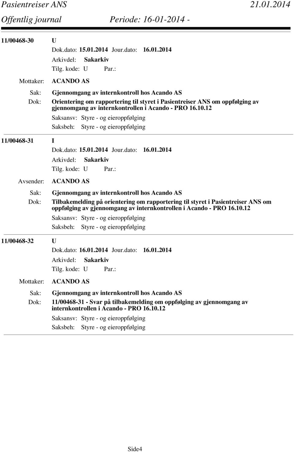 i Pasientreiser ANS om oppfølging av gjennomgang av internkontrollen i Acando - PRO 16.10.