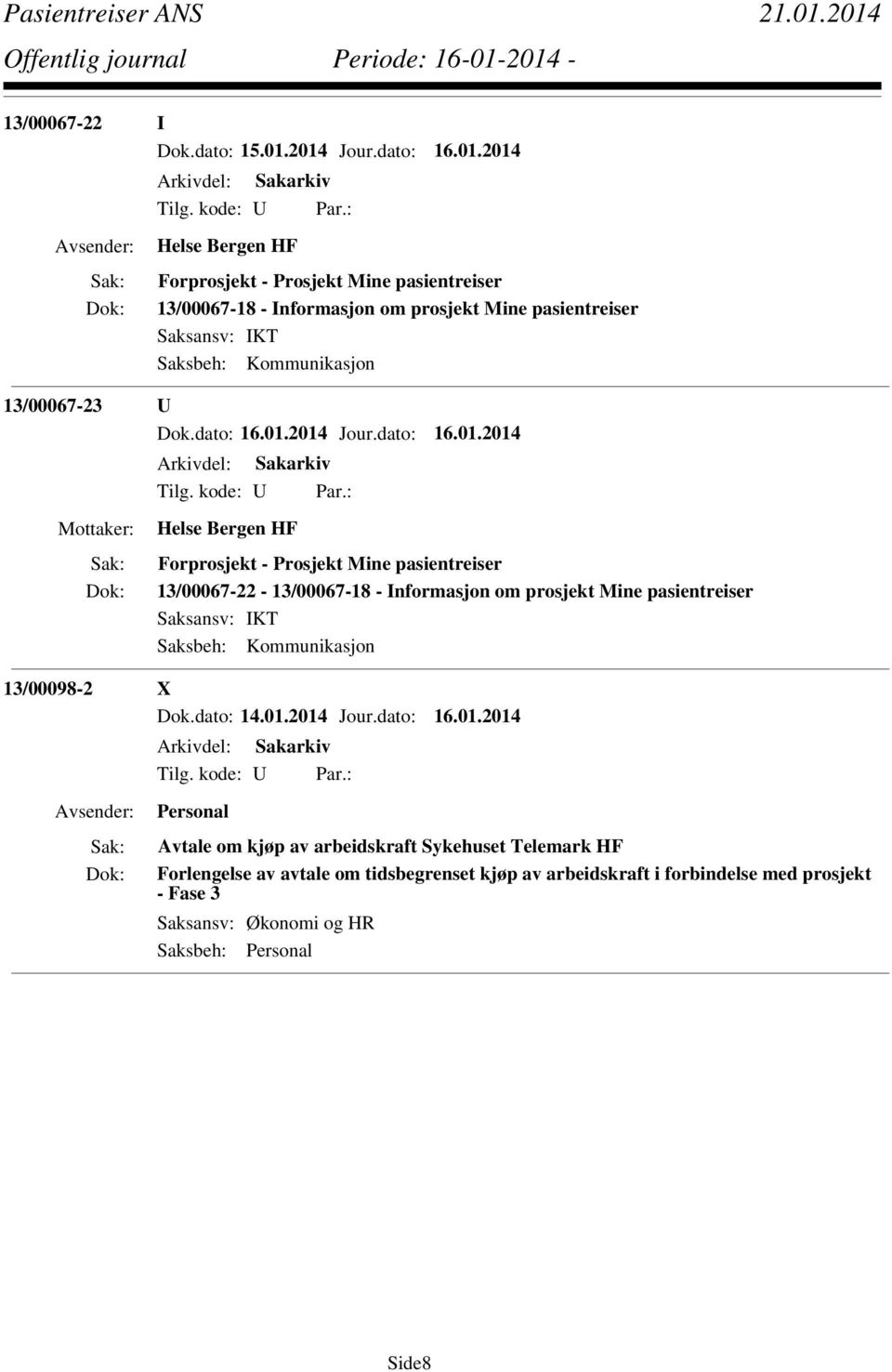 om prosjekt Mine pasientreiser Saksbeh: Kommunikasjon 13/00098-2 X Dok.dato: 14.01.