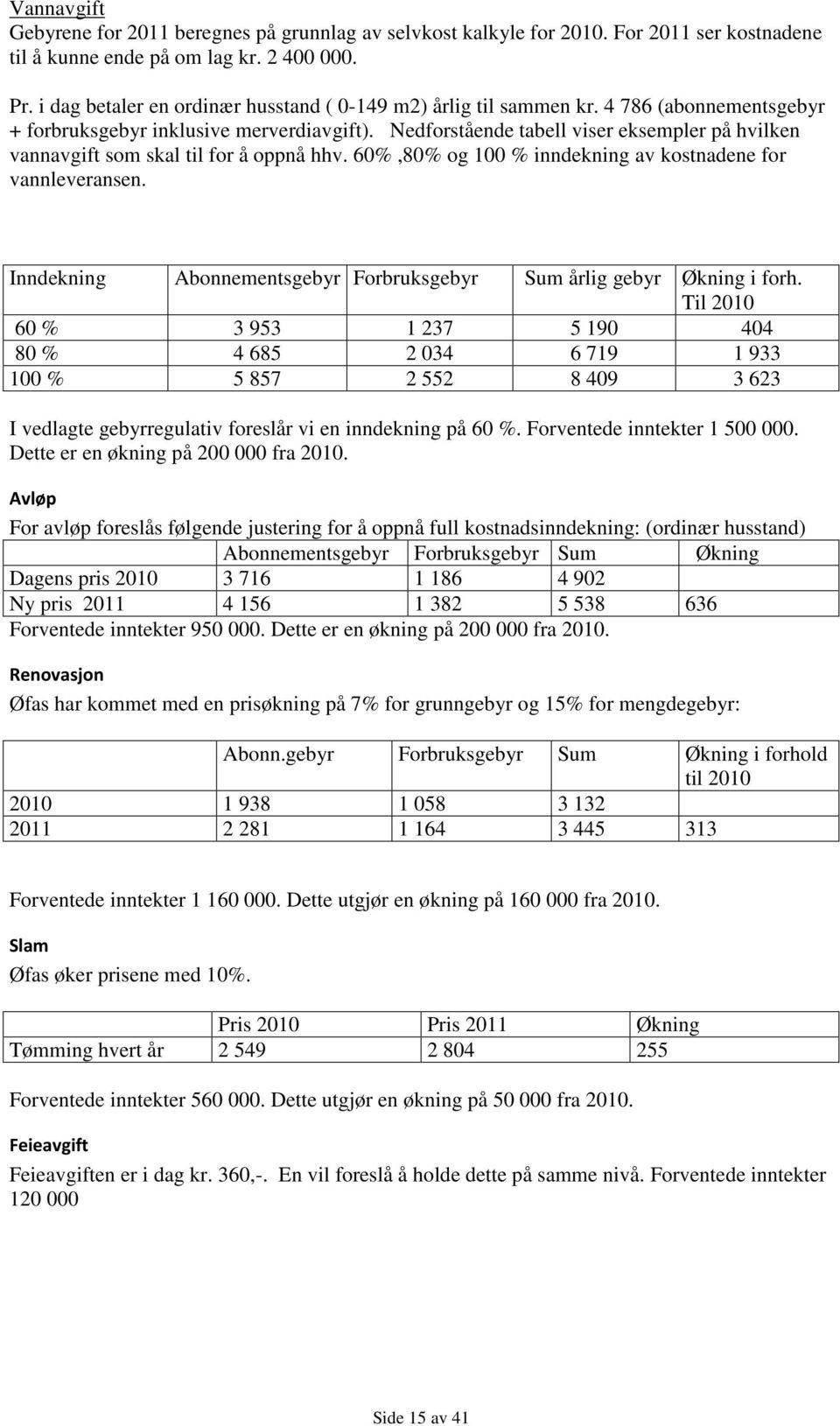 Nedforstående tabell viser eksempler på hvilken vannavgift som skal til for å oppnå hhv. 60%,80% og 100 % inndekning av kostnadene for vannleveransen.