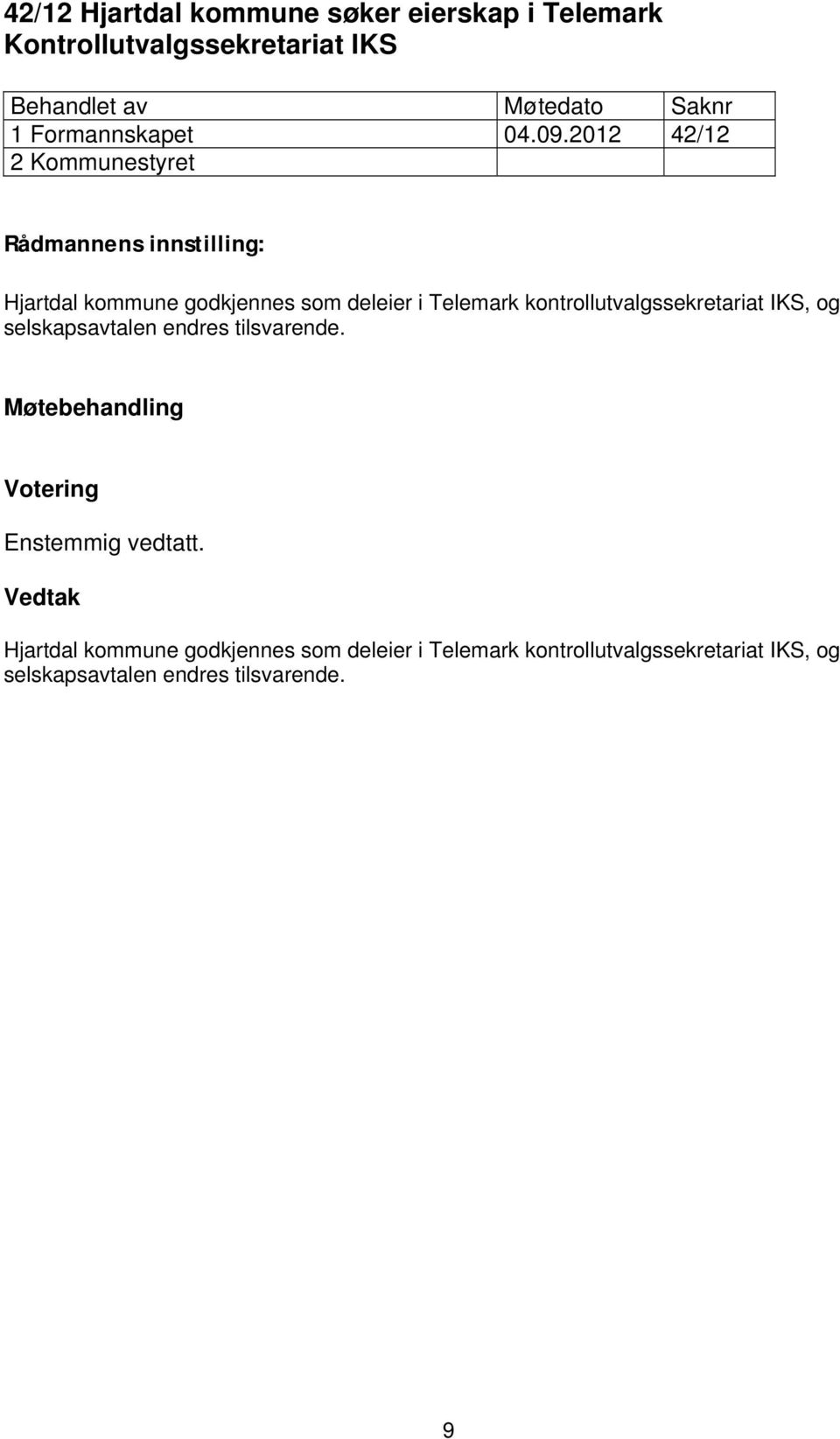 2012 42/12 2 Kommunestyret Rådmannens innstilling: Hjartdal kommune godkjennes som deleier i Telemark