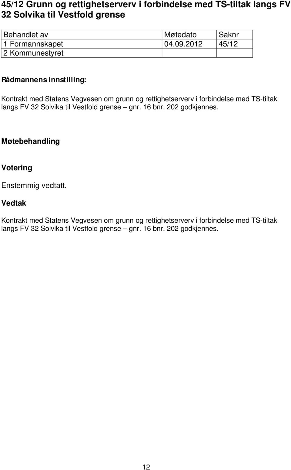 2012 45/12 2 Kommunestyret Rådmannens innstilling: Kontrakt med Statens Vegvesen om grunn og rettighetserverv i forbindelse med TS-tiltak