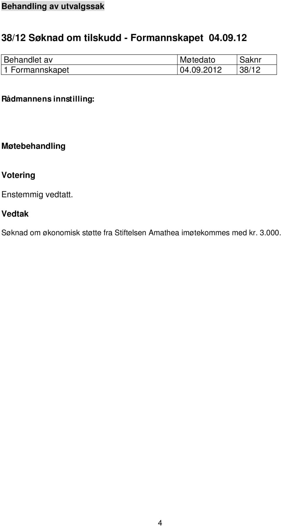 2012 38/12 Rådmannens innstilling: Møtebehandling Votering Enstemmig