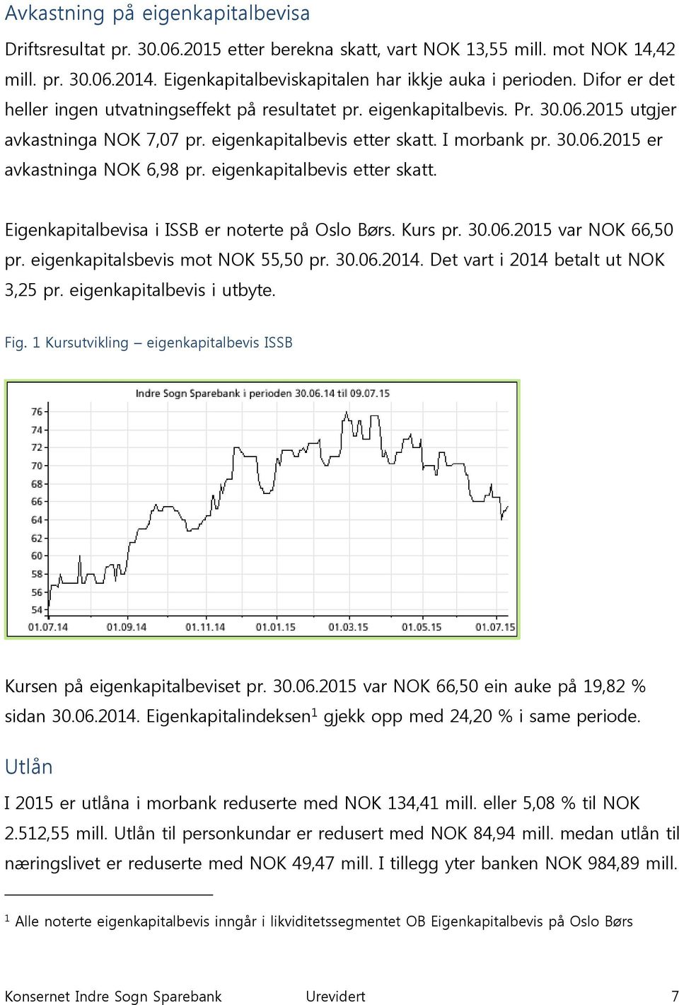 eigenkapitalbevis etter skatt. Eigenkapitalbevisa i ISSB er noterte på Oslo Børs. Kurs pr. 30.06.2015 var NOK 66,50 pr. eigenkapitalsbevis mot NOK 55,50 pr. 30.06.2014.