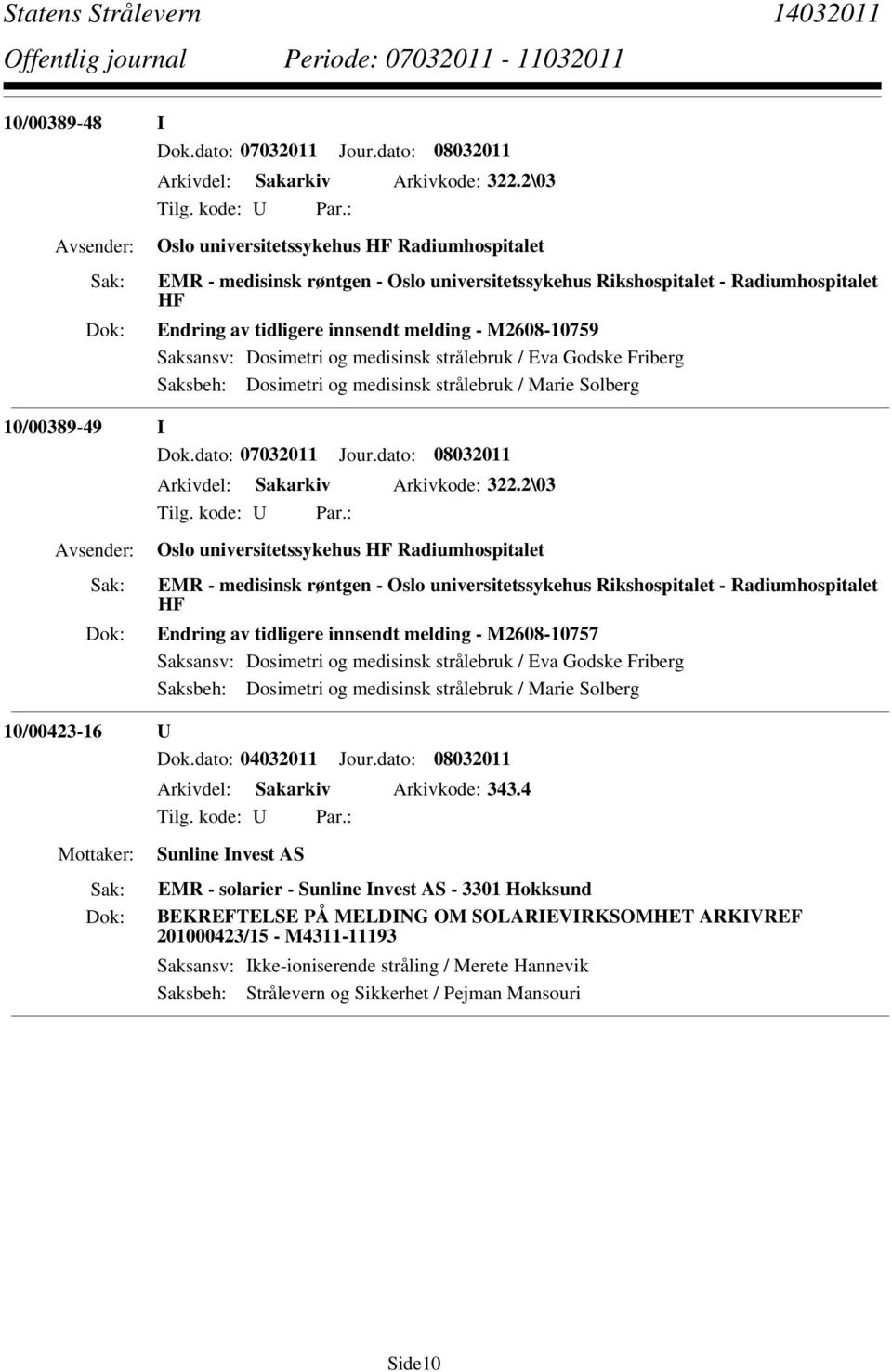 Dosimetri og medisinsk strålebruk / Eva Godske Friberg Saksbeh: Dosimetri og medisinsk strålebruk / Marie Solberg 10/00389-49 I Dok.dato: 07032011 Jour.