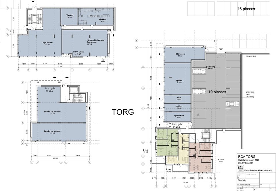 gulv c+ 255 G frisør 26 m2 19 plasser grønt tak over parkering D handel og service 167 m2 TORG F optiker 26 m2 kjøreskole 31 m2 C handel og service 119 m2 E innv.