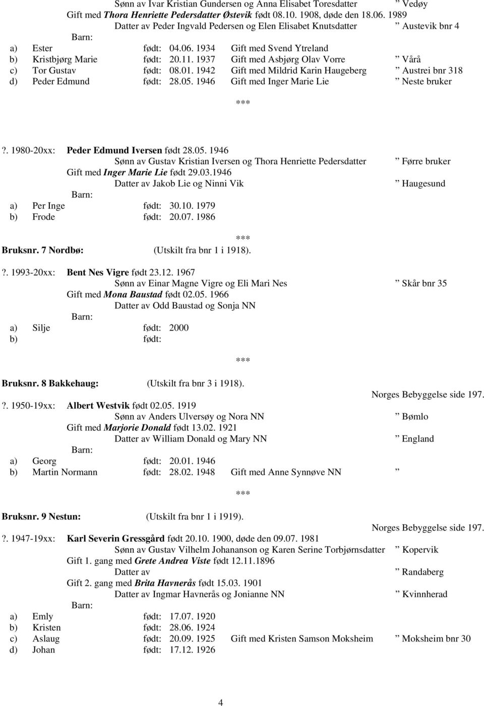 1937 Gift med Asbjørg Olav Vorre Vårå c) Tor Gustav født: 08.01. 1942 Gift med Mildrid Karin Haugeberg Austrei bnr 318 d) Peder Edmund født: 28.05. 1946 Gift med Inger Marie Lie Neste bruker?