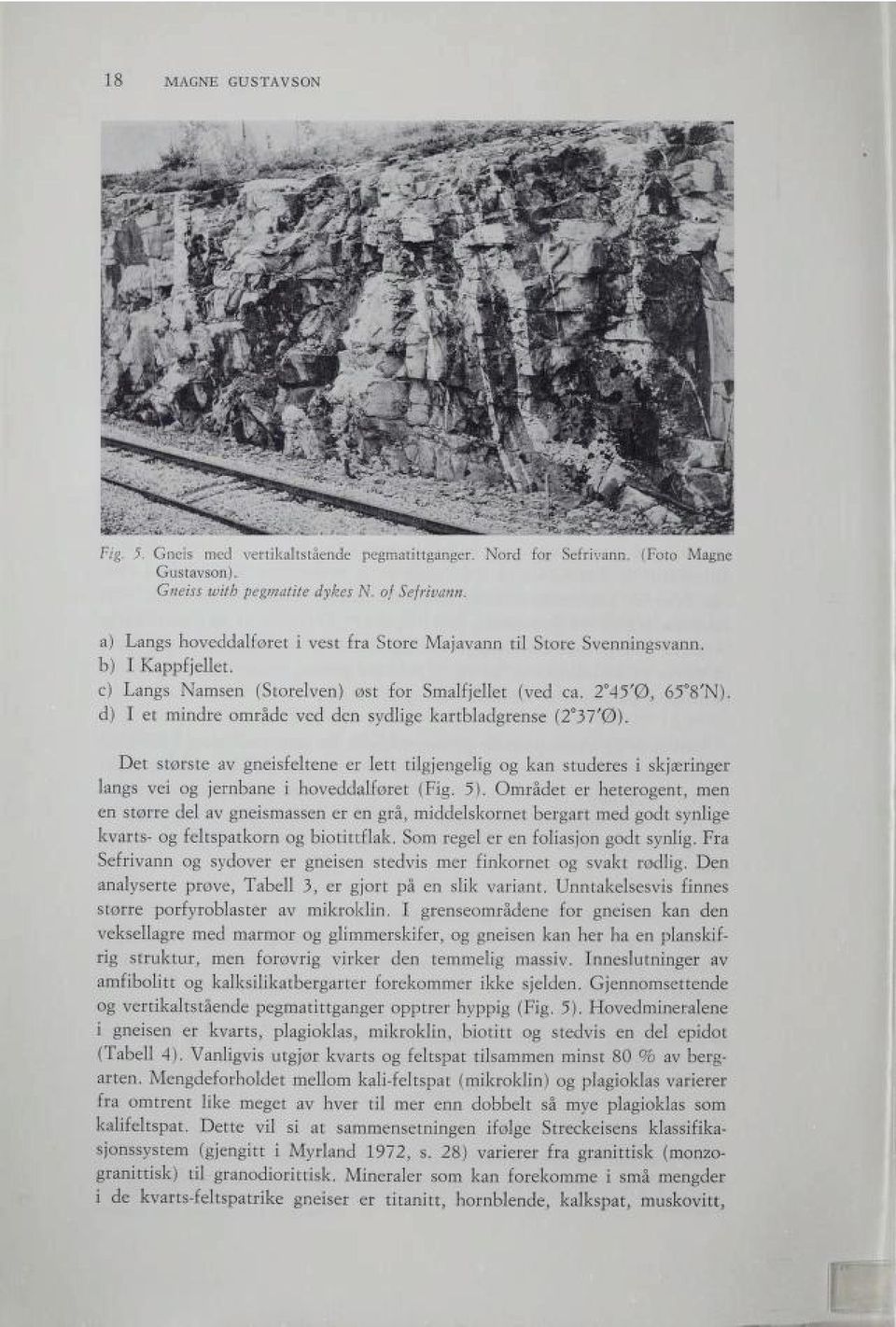 d) I et mindre område ved den sydlige kartbladgrense (2 37'0). Det største av gneisfeltene er lett tilgjengelig og kan studeres i skjæringer langs vei og jernbane i hoveddalføret (Fig. 5).