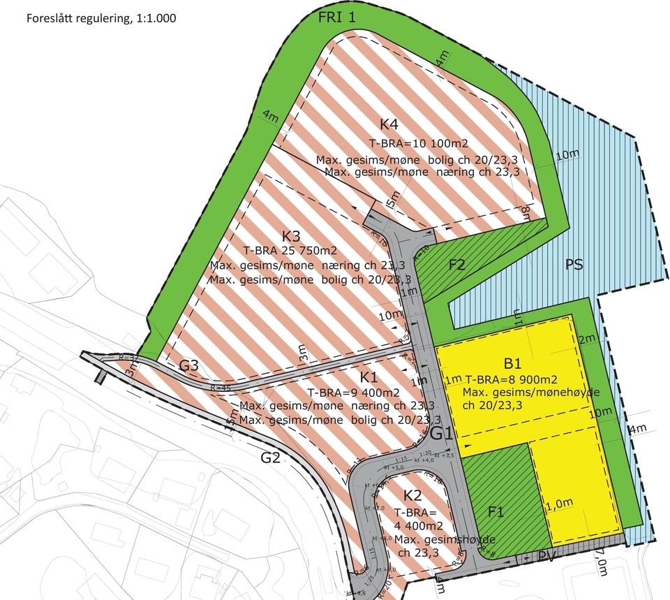 gesims/møne s/møn bolig ch 20/23,3 1m R=10 F2 PS 10m 1m R=2 2m 3m G3 R=45 15m 3m K1 1m T-BRA=9 400m2 Max. gesims/møne næring ch 23,,3 Max.