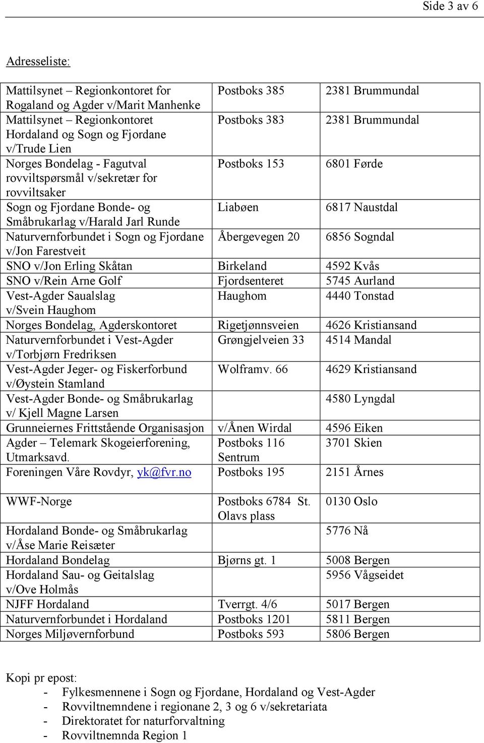 Naturvernforbundet i Sogn og Fjordane Åbergevegen 20 6856 Sogndal v/jon Farestveit SNO v/jon Erling Skåtan Birkeland 4592 Kvås SNO v/rein Arne Golf Fjordsenteret 5745 Aurland Vest-Agder Saualslag