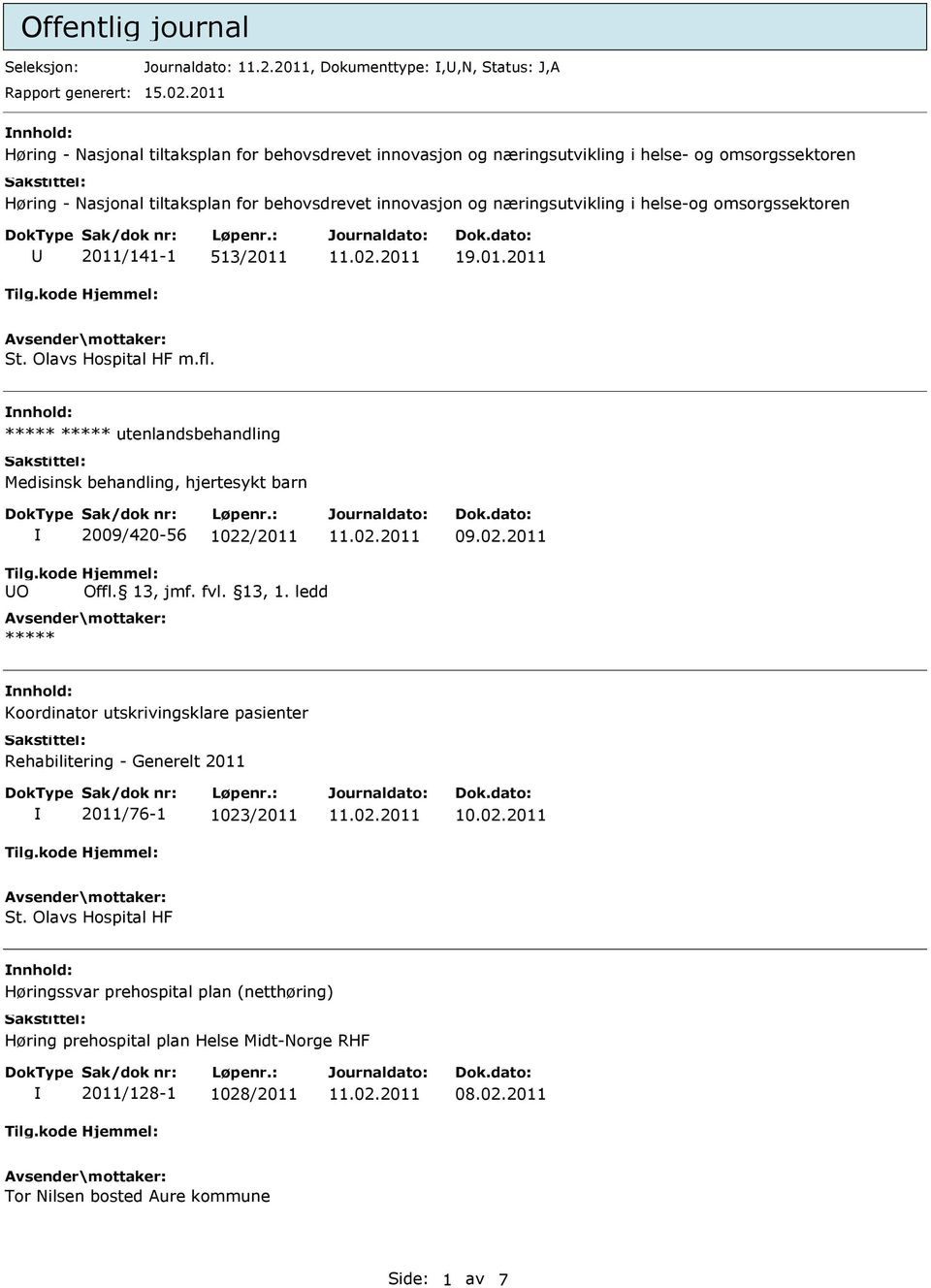 næringsutvikling i helse-og omsorgssektoren U 2011/141-1 513/2011 19.01.2011 St. Olavs Hospital HF m.fl.