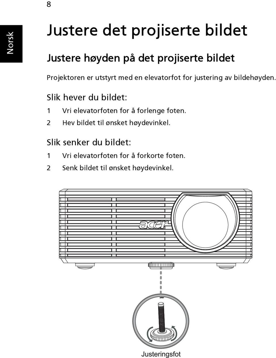 Slik hever du bildet: 1 Vri elevatorfoten for å forlenge foten.