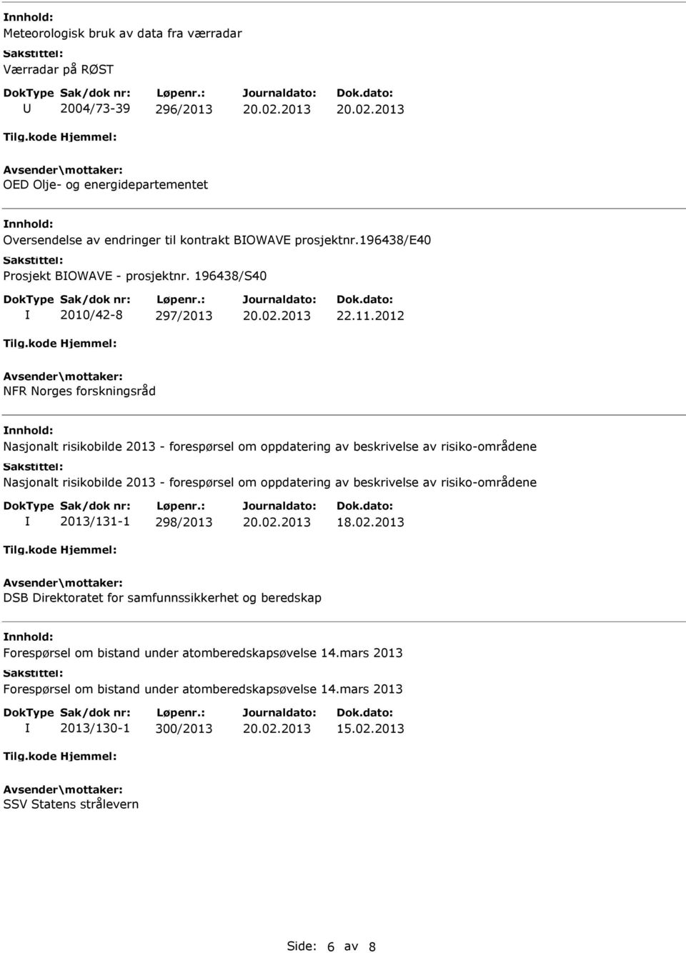 2012 NFR Norges forskningsråd Nasjonalt risikobilde 2013 - forespørsel om oppdatering av beskrivelse av risiko-områdene Nasjonalt risikobilde 2013 - forespørsel om oppdatering av