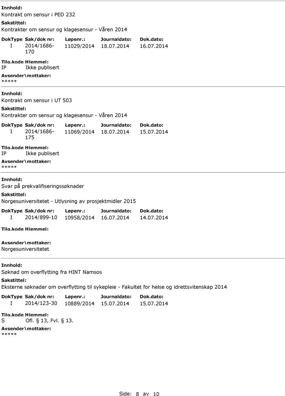 prosjektmidler 2015 2014/899-10 10958/2014 Norgesuniversitetet nnhold: Søknad om overflytting fra HNT Namsos Eksterne