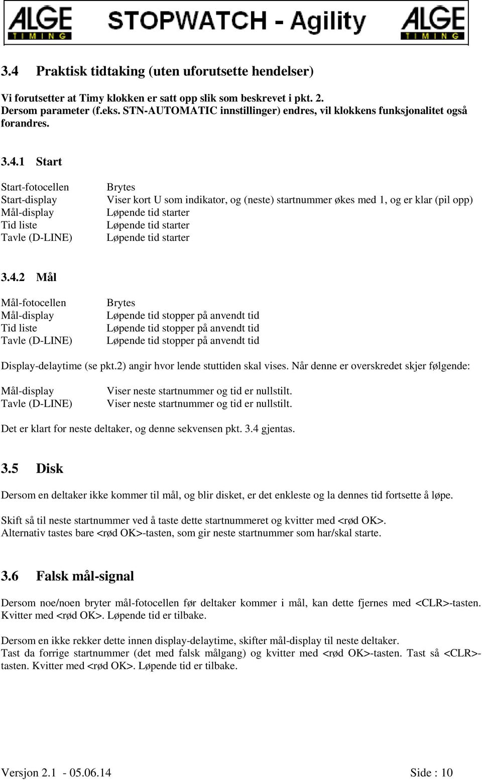 1 Start Start-fotocellen Start-display Mål-display Tid liste Tavle (D-LINE) Brytes Viser kort U som indikator, og (neste) startnummer økes med 1, og er klar (pil opp) Løpende tid starter Løpende tid