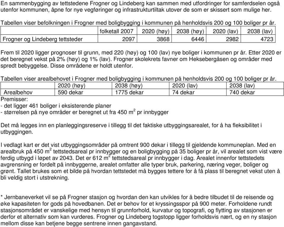 folketall 2007 2020 (høy) 2038 (høy) 2020 (lav) 2038 (lav) Frogner og Lindeberg tettsteder 2097 3868 6446 2982 4723 Frem til 2020 ligger prognoser til grunn, med 220 (høy) og 100 (lav) nye boliger i