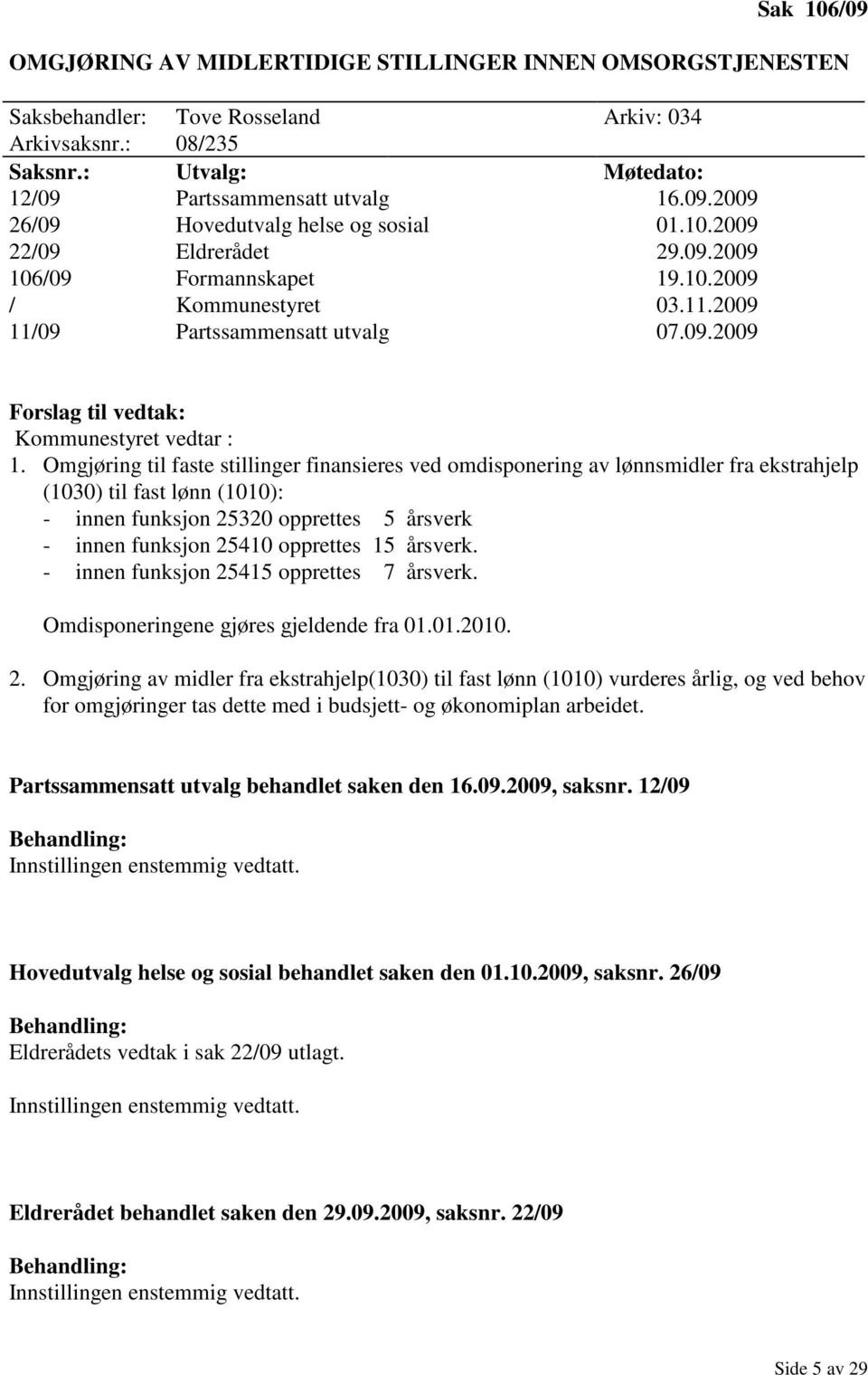 Omgjøring til faste stillinger finansieres ved omdisponering av lønnsmidler fra ekstrahjelp (1030) til fast lønn (1010): - innen funksjon 25320 opprettes 5 årsverk - innen funksjon 25410 opprettes 15