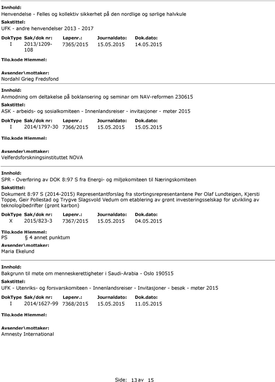 2014/1797-30 7366/2015 Velferdsforskningsinstituttet NOVA SPR - Overføring av DOK 8:97 S fra Energi- og miljøkomiteen til Næringskomiteen Dokument 8:97 S (2014-2015) Representantforslag fra