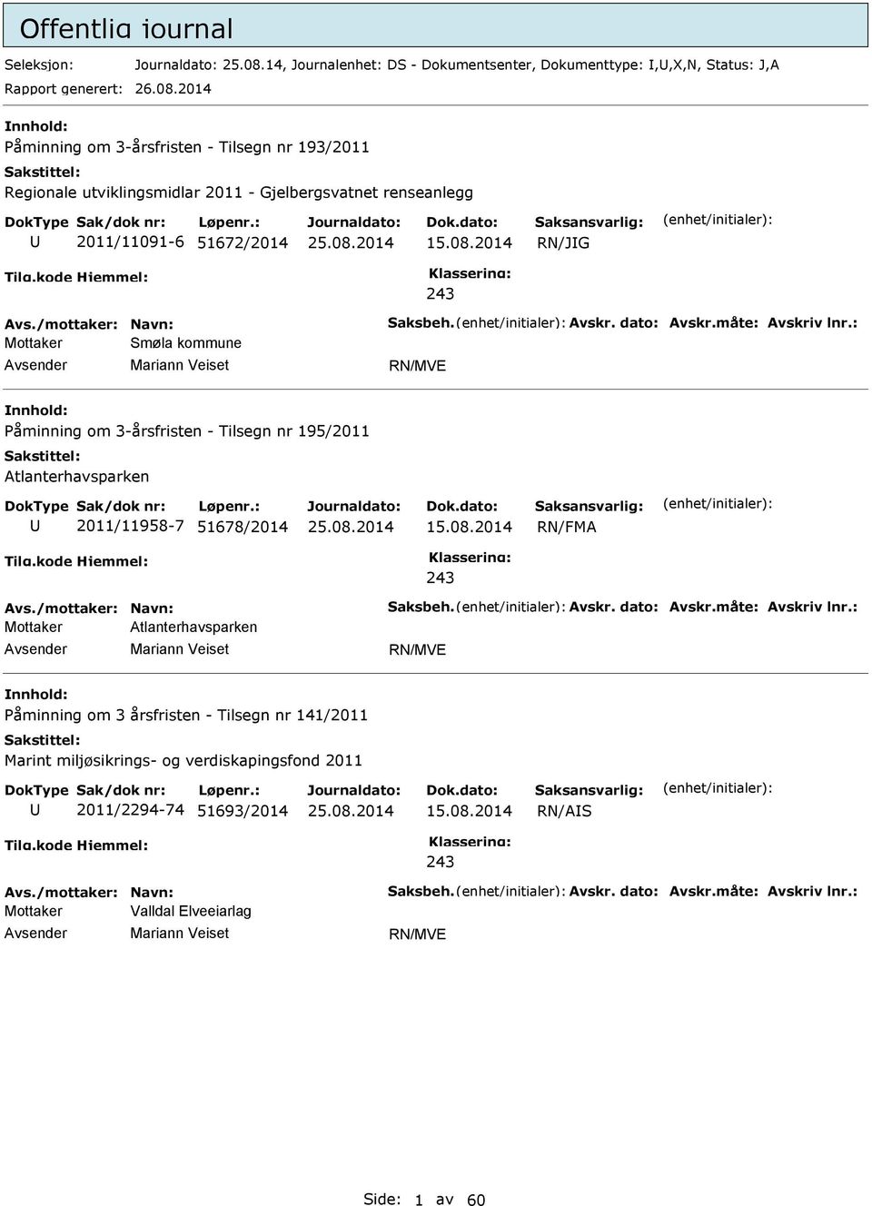 2014 Påminning om 3-årsfristen - Tilsegn nr 193/2011 Regionale utviklingsmidlar 2011 - Gjelbergsvatnet renseanlegg 2011/11091-6 51672/2014 RN/JG 243 Avs./mottaker: Navn: Saksbeh. Avskr. dato: Avskr.