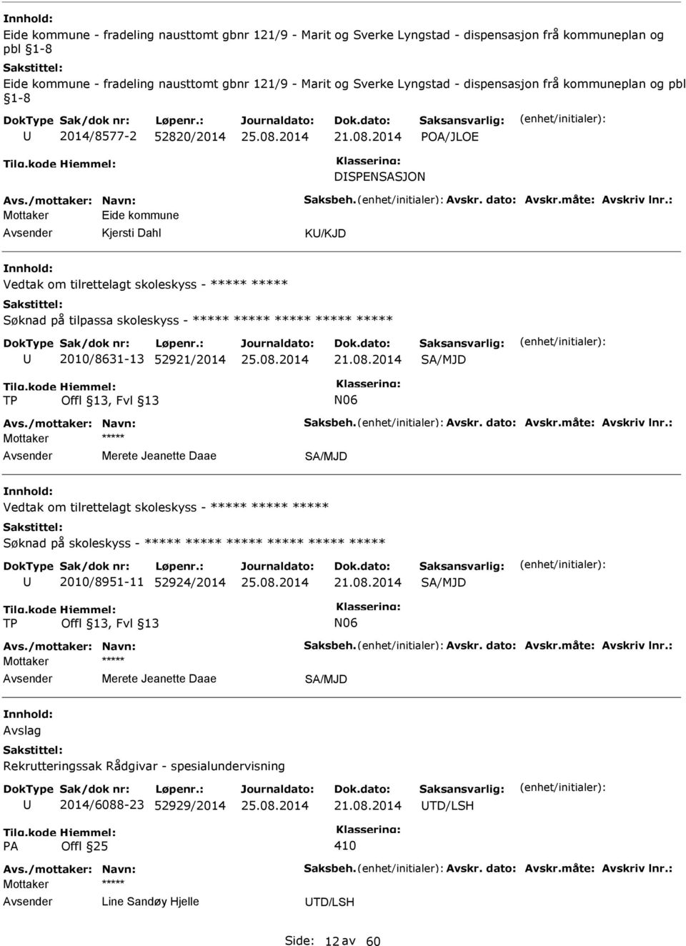 : Mottaker Eide kommune Kjersti Dahl K/KJD Vedtak om tilrettelagt skoleskyss - ***** ***** Søknad på tilpassa skoleskyss - ***** ***** ***** ***** ***** 2010/8631-13 52921/2014 SA/MJD Avs.