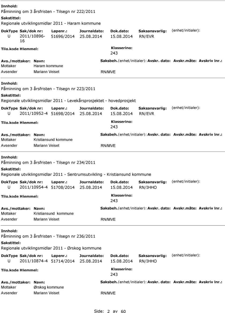 : Mottaker Haram kommune Mariann Veiset RN/MVE Påminning om 3 årsfristen - Tilsegn nr 223/2011 Regionale utviklingsmidlar 2011 - Levekårsprosjektet - hovedprosjekt 2011/10952-4 51698/2014 RN/EVR 243