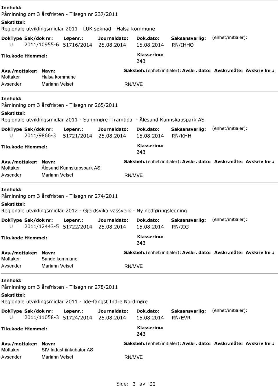 : Mottaker Halsa kommune Mariann Veiset RN/MVE Påminning om 3 årsfristen - Tilsegn nr 265/2011 Regionale utviklingsmidlar 2011 - Sunnmøre i framtida - Ålesund Kunnskapspark AS 2011/9866-3 51721/2014